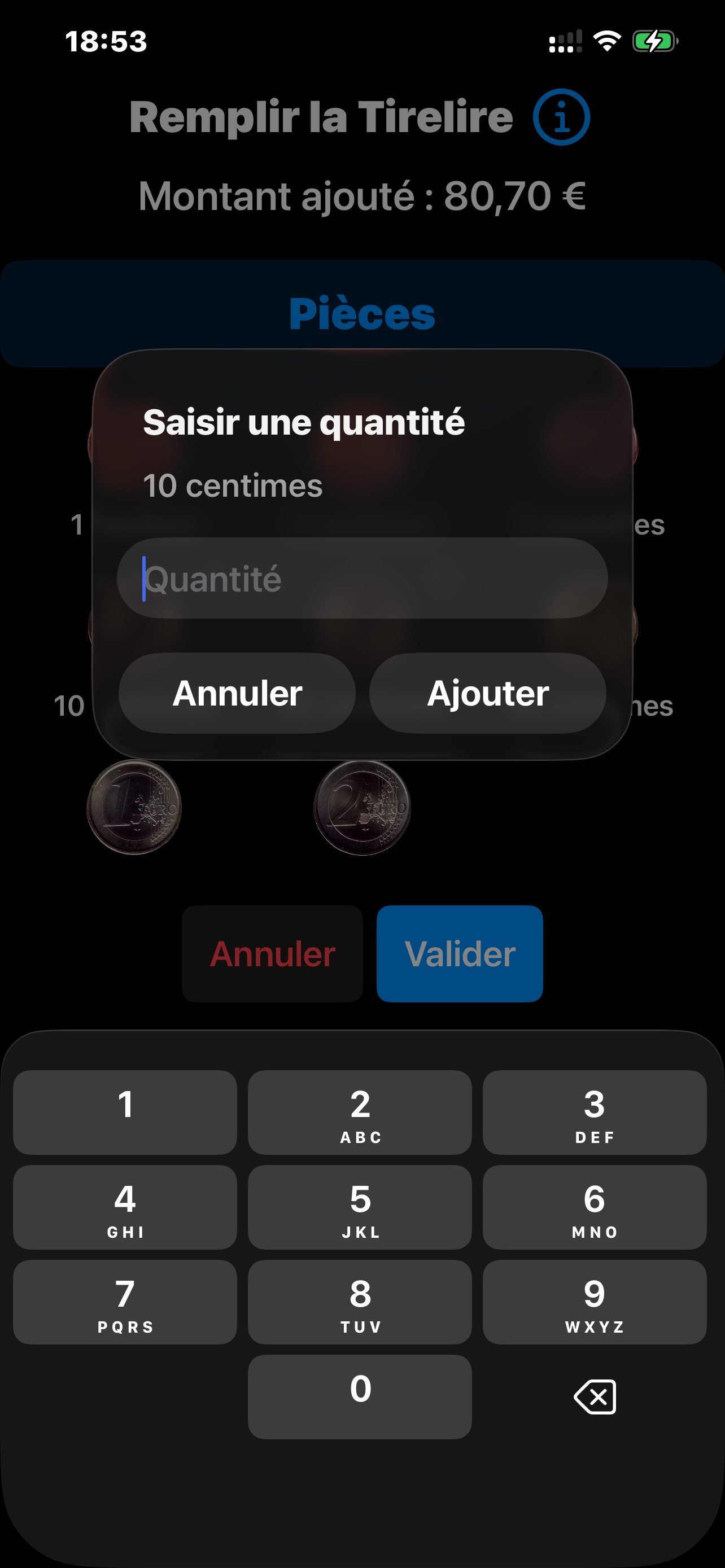 Tirelire – saisie quantité